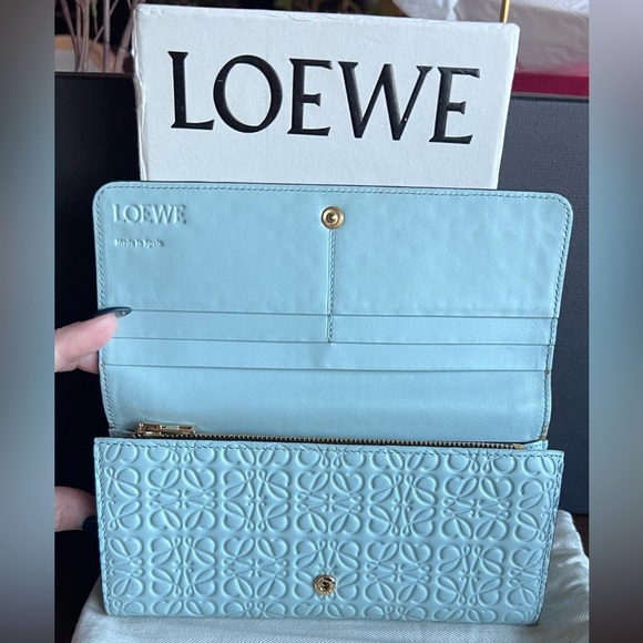 LOEWE ANAGRAM Imprinted Baby Blue Leather Gold Metal Snap Zip Coin Wallet - Picture 3 of 16